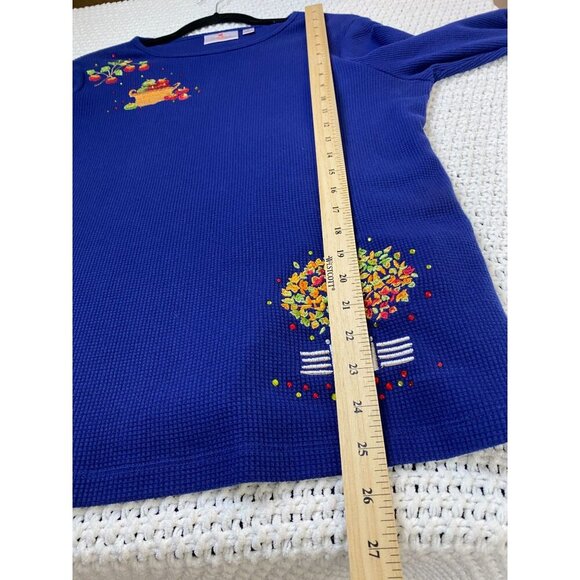Quacker Factory Apple Embroidered Blue Waffle Sweater Top Women Size Medium Fall - Picture 7 of 13